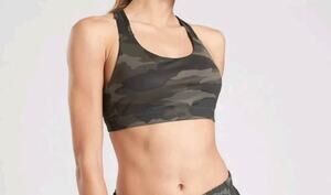 Athleta Camo Sports Bra Olive Green Black Racerback Medium Support L athleisure